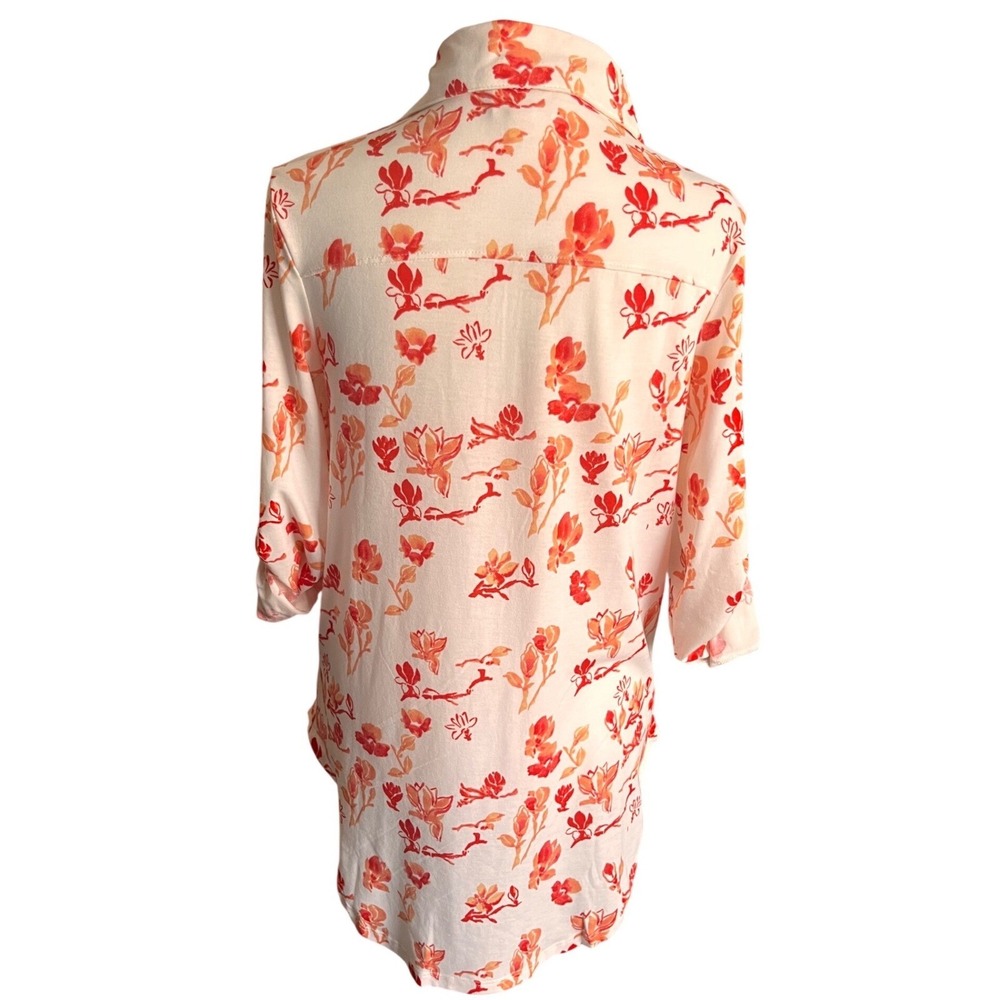 LuLaRoe Amy Floral Button Down Shirt Womens XS Orange Red Roll Tab Sleeve Top - Picture 4 of 6